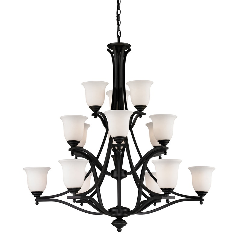 Lagoon 15-Light Chandelier in Matte Black with Matte Opal Glass