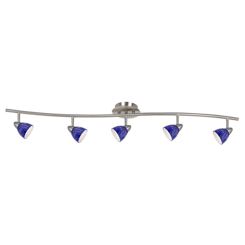 5-Light Pendant in Brushed Steel with Blue Spot Glass