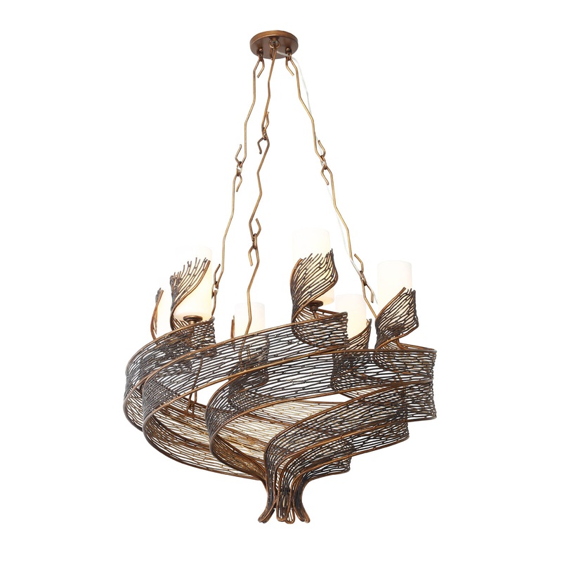 Flow 6-Light Chandelier in Hammered Ore with Gloss Opal Glass