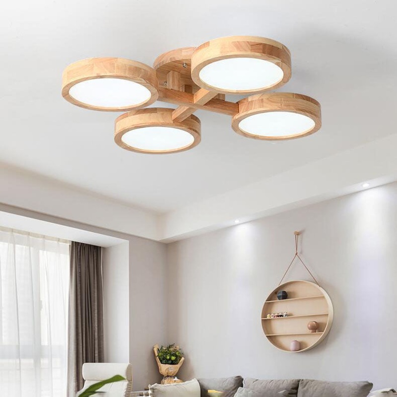 Contemporary Scandinavian Round Rubberwood LED Flush Mount Ceiling Light For Living Room