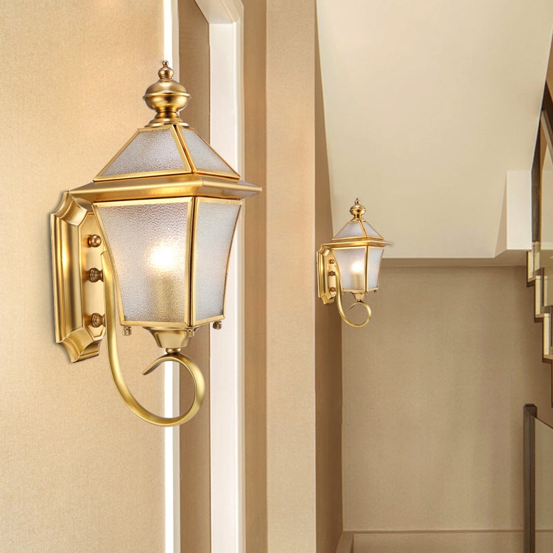 European Modern Luxury Quadrilateral Brass Glass Waterproof 1-Light Outdoor Wall Sconce Lamp