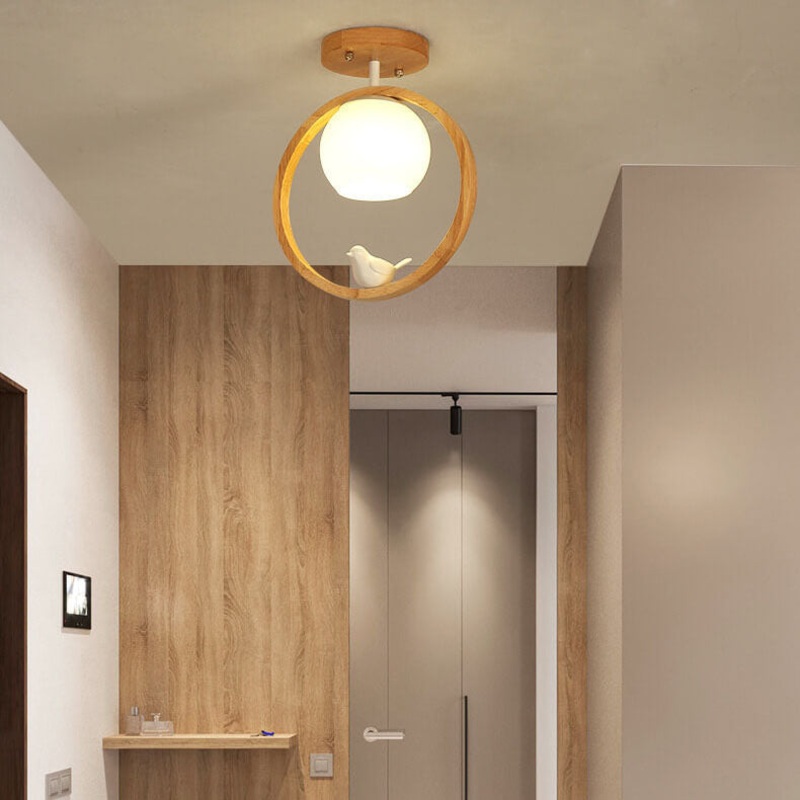 Modern Japanese Minimalist Log Bird Round 1-Light Semi-Flush Mount Ceiling Light
