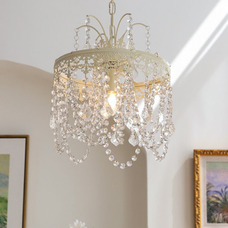 Traditional French Vintage Crystal Round Lamp Beads 1-Light Pendant Light For Bedroom