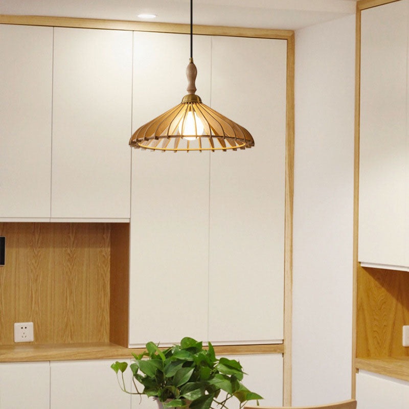 Traditional Japanese Umbrella Ash Wood Copper 1-Light Pendant Light For Bedroom