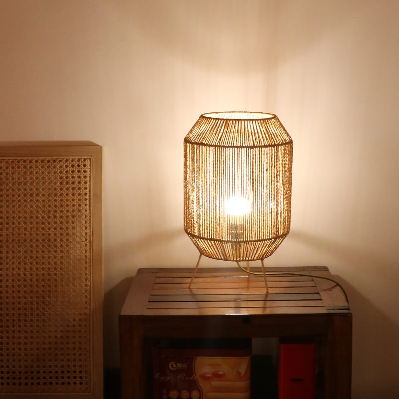 Traditional Rustic Hemp Rope Weaving Cage 1-Light Table Lamp For Study
