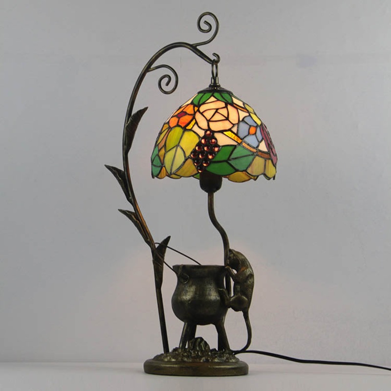 Traditional Tiffany Mouse Flower Resin Stained Glass 1-Light Table Lamp For Bedroom