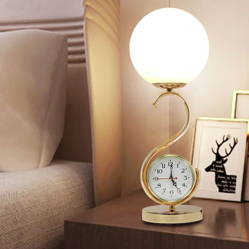 Contemporary Creative Orb Clock Iron Glass 1-Light Table Lamp For Bedroom