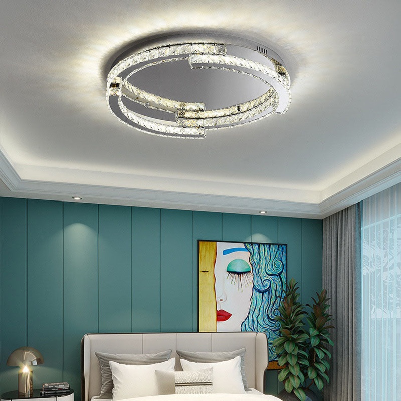 Modern Luxury Round Stainless Steel Crystal LED Flush Mount Ceiling Light For Bedroom