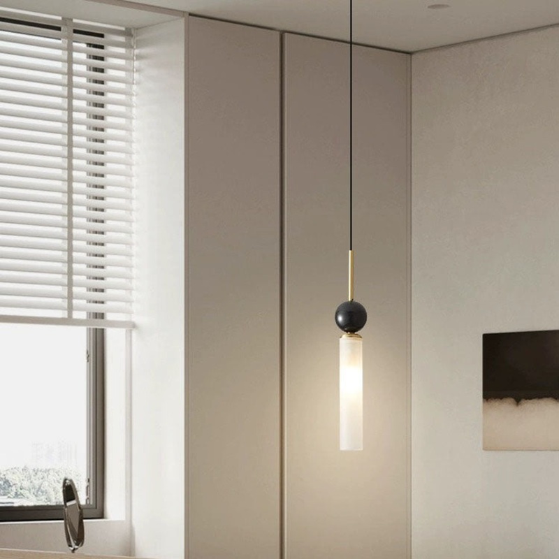 Modern Simplicity Marble Copper Cylinder 1-Light Pendant Light For Bedroom