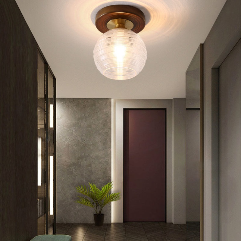 Modern Transitional Glass Cup Shape Solid Wood 1-Light Semi-Flush Mount Ceiling Light For Living Room