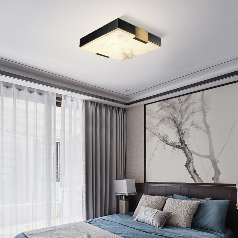 Traditional Chinese Square Marble Shade Brass Frame LED Flush Mount Ceiling Light For Living Room