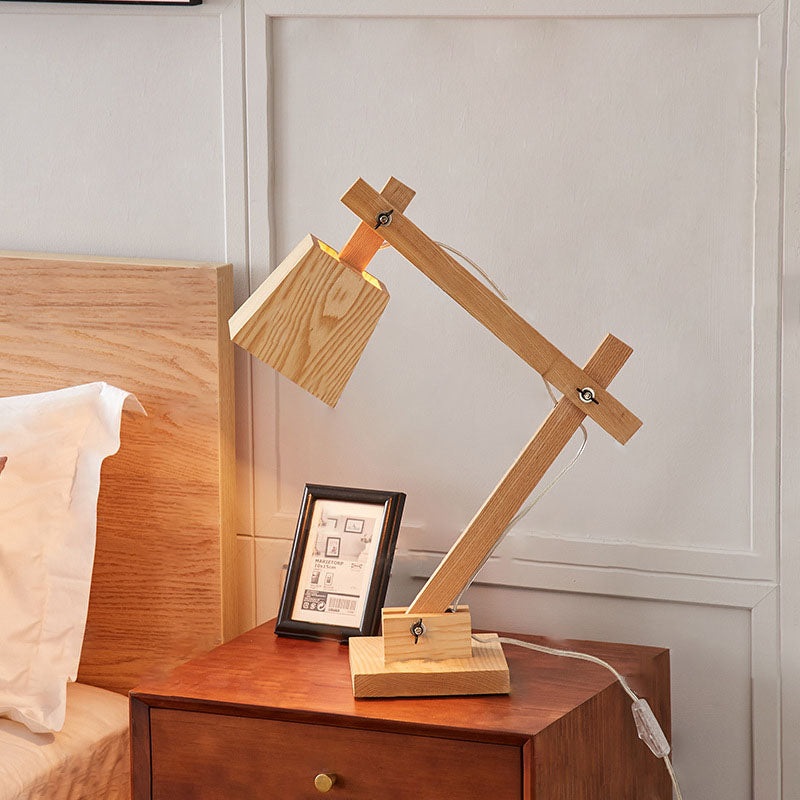 Traditional Japanese Solid Wood Trapezoidal Adjustable 1-Light Table Lamp For Study