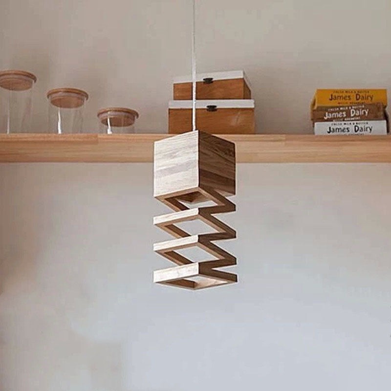 Traditional Japanese Wooden Spring Cube Shade 1-Light Pendant Light For Dining Room