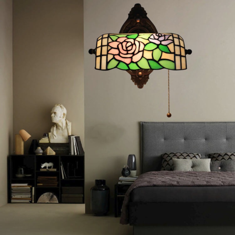 Traditional Tiffany Floral Stained Glass 1-Light Zipper Wall Sconce Lamp For Living Room