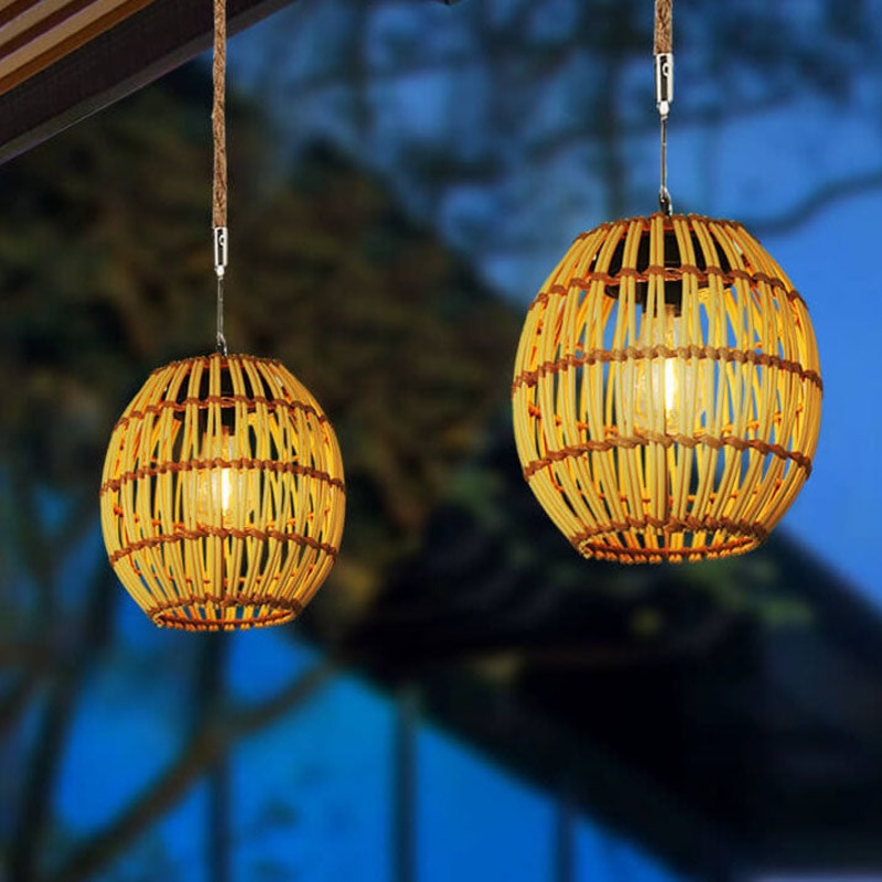 Traditional Vintage Rattan Weaving Cage LED Solar Waterproof Pendant Light For Outdoor Patio