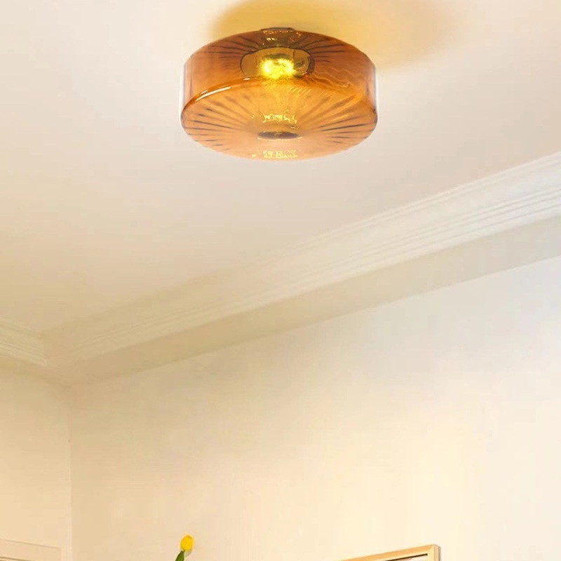 Traditional Vintage Round Ripple Glass LED Flush Mount Ceiling Light For Living Room