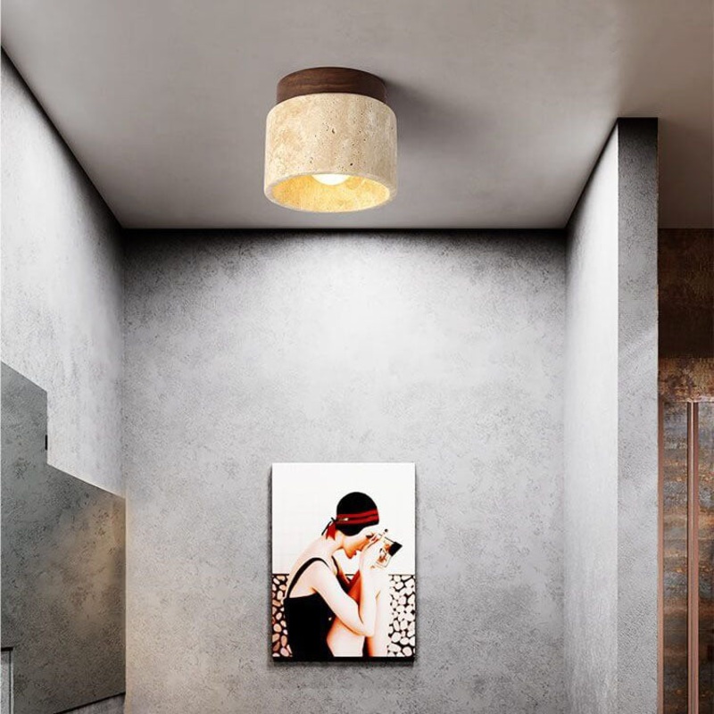 Traditional Vintage Round Travertine 1-Light Flush Mount Ceiling Light For Hallway