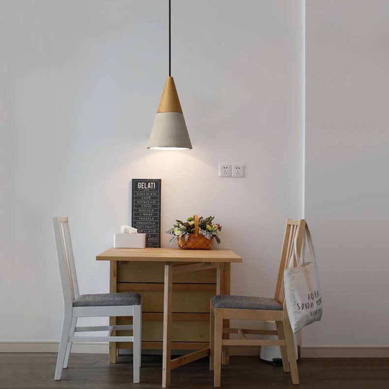 Contemporary Industrial Round Cone Triangle Cement Rubber Wood 1-Light Pendant Light For Living Room