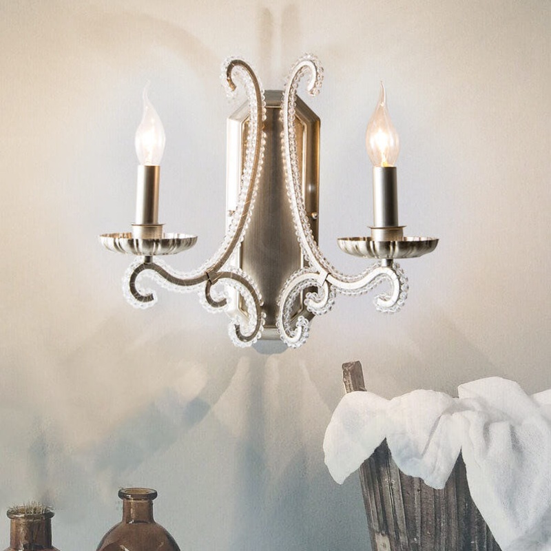 Traditional French Iron Crystal Square Candlestick 1/2- Light Wall Sconce Lamp For Living Room