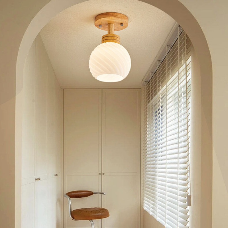 Traditional Japanese Spherical Glass Shape Wood Base1-Light Semi-Flush Mount Ceiling Light For Living Room