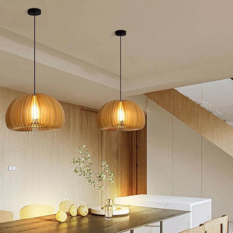 Traditional Japanese Wooden Pumpkin Shape 1-Light Pendant Light For Living Room