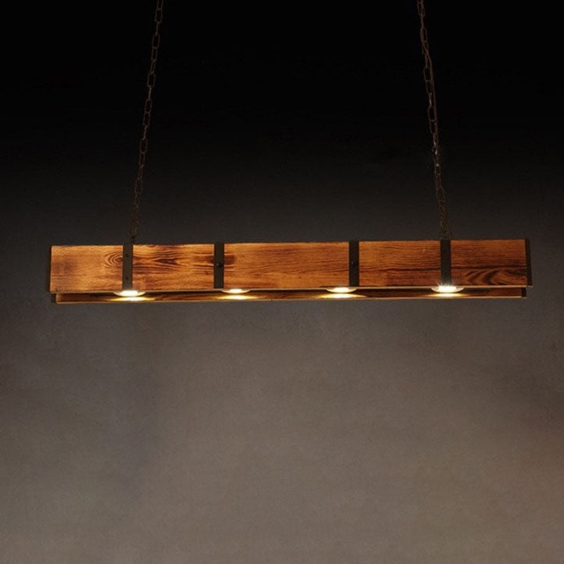 Traditional Vintage Solid Wood Long Bar LED Island Light Chandelier For Dining Room