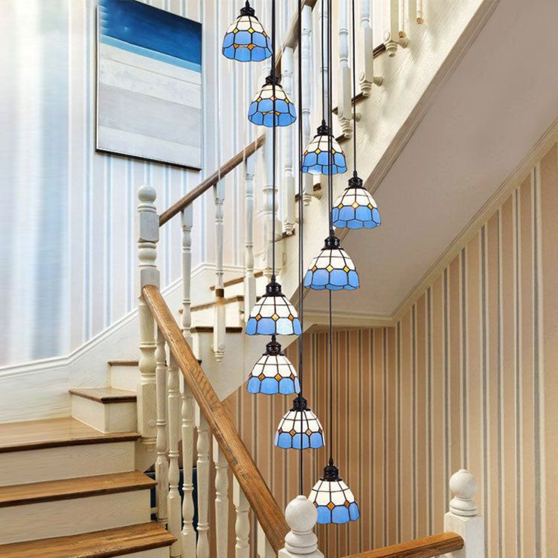 Contemporary Coastal Tapered Iron Resin Stained Glass 10-Light Chandelier For Living Room