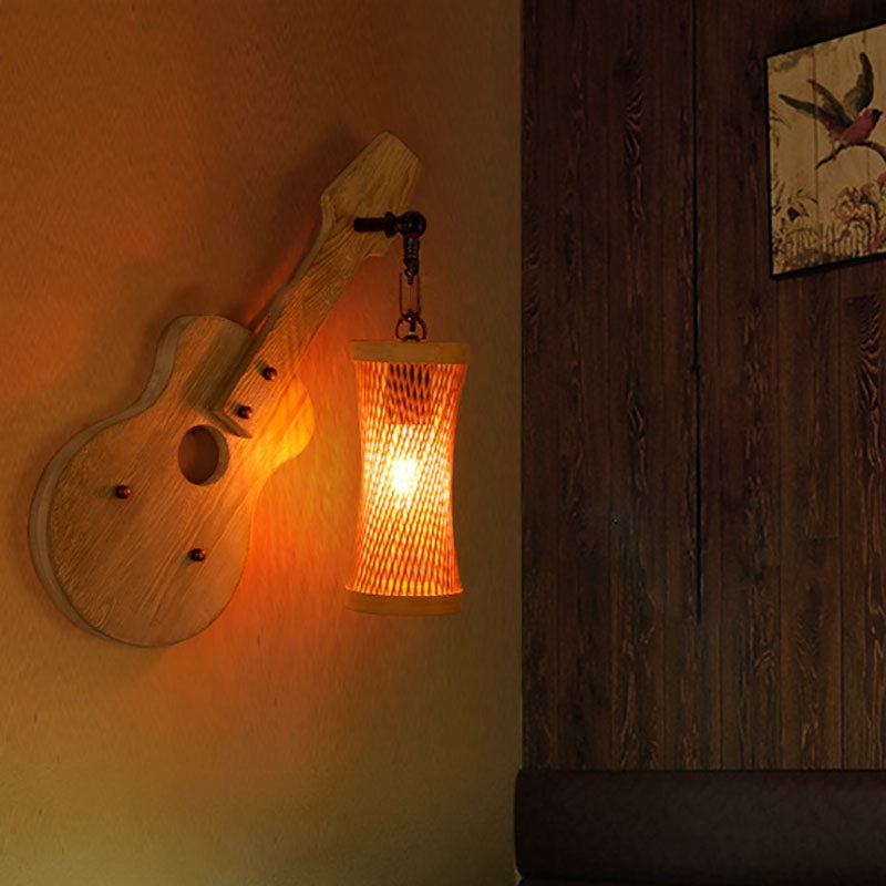 Contemporary Creative Wooden Violin Cylinder Shade 1-Light Wall Sconce Lamp For Dining Room