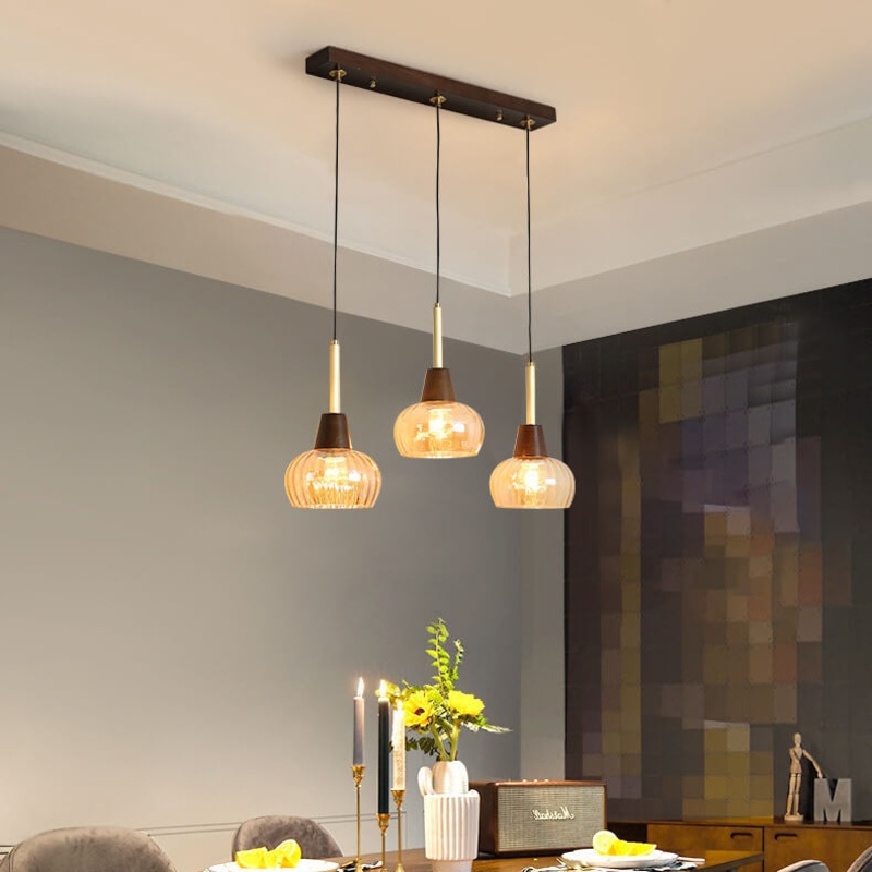 Contemporary Retro Wooden Frame Glass Cup Shade 1/3-Light Island Light Chandelier For Living Room