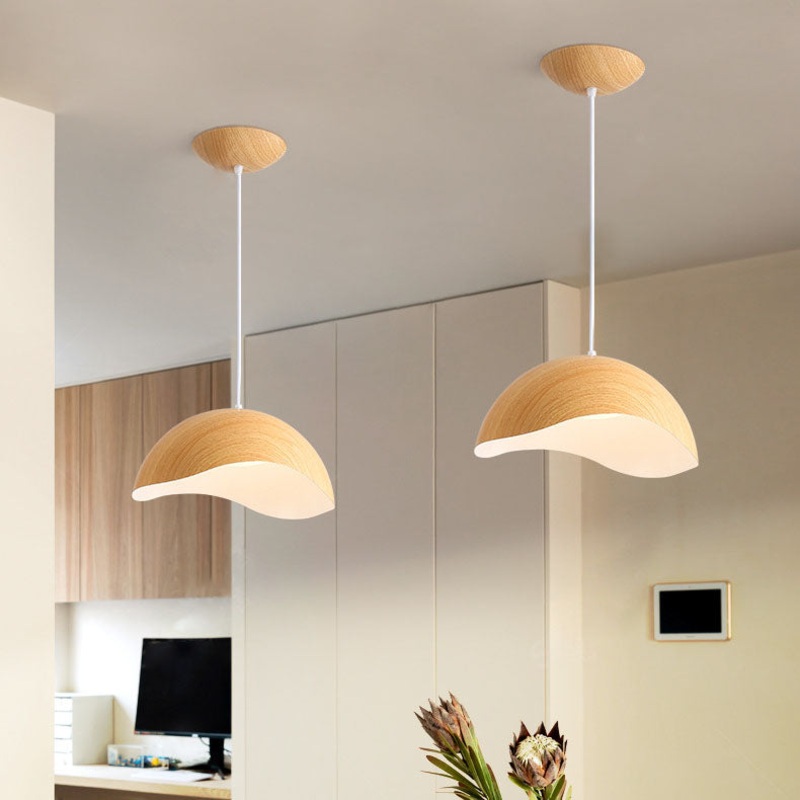 Contemporary Scandinavian Wood Grain Iron Dome Wave LED Pendant Light For Dining Room