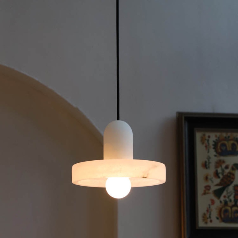 Traditional Chinese Marble Round Shade Brass 1-Light Pendant Light for Living Room