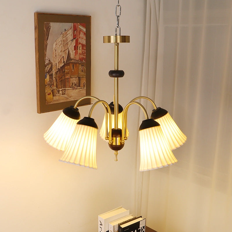 Traditional French Provincial Gold Finish Frame Ceramic Morning Glory Shape 3/5-Light Chandelier For Living Room