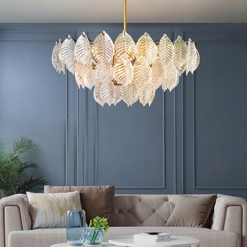 Traditional French Provincial Gold Finish Frame Leaf Pattern Glass Sheet Shade 5/7/9/15-Light Chandelier For Living Room