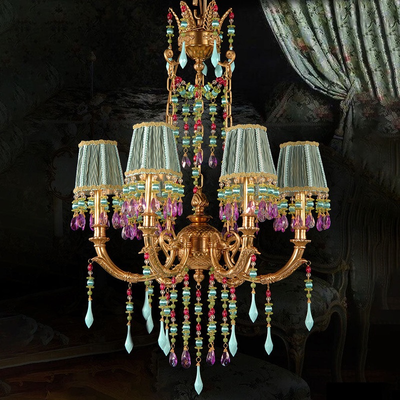 Traditional French Round Trapezoidal All Brass Fabric 6/8 Light Chandelier For Living Room