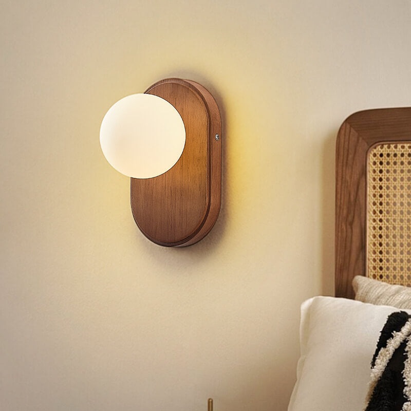 Traditional Japanese Oval Orb Solid Wood Glass 1-Light Wall Sconce Lamp For Bedroom