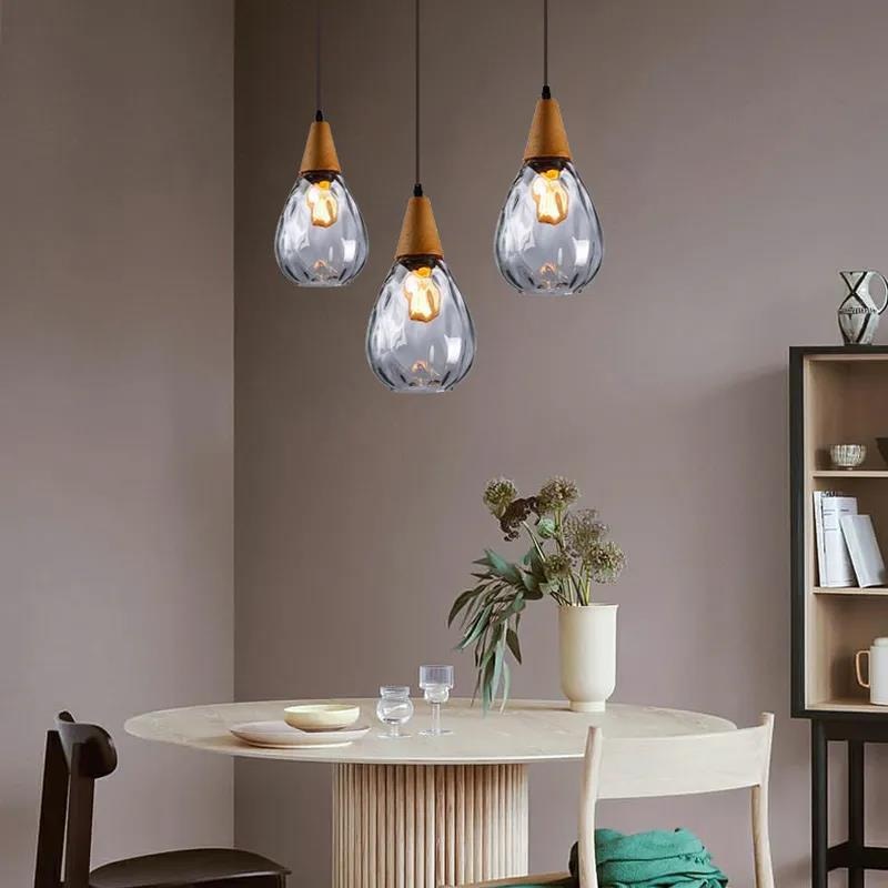 Contemporary Industrial Water Drops Wood Glass 1-Light Pendant Light For Living Room