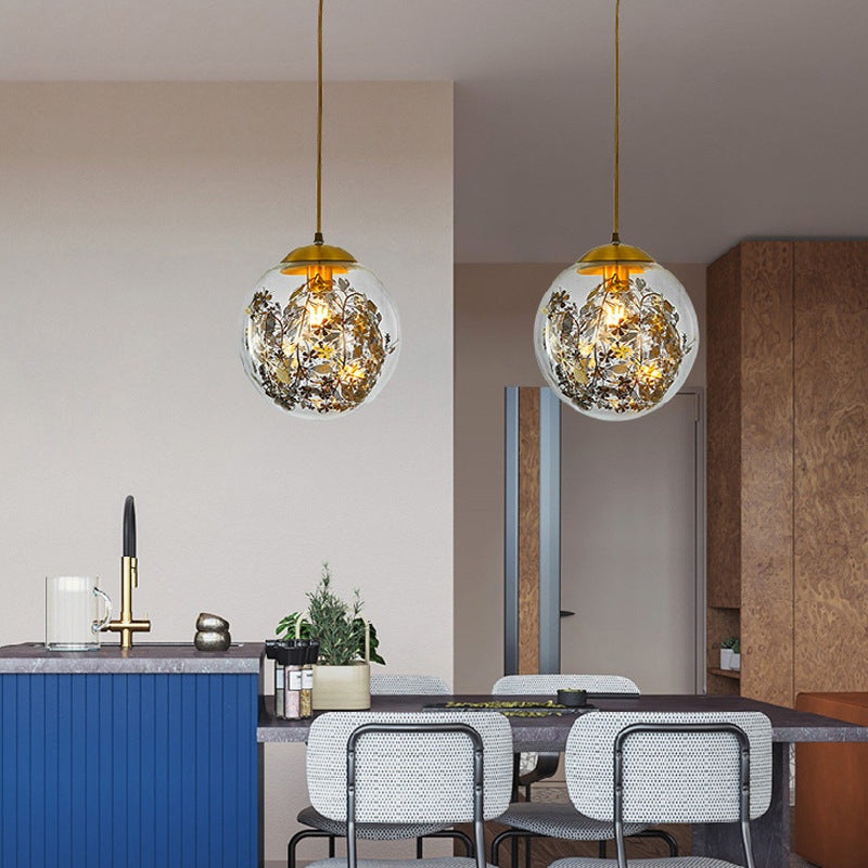 Contemporary Simplicity Glass Ball Shade Brass 1-Light Pendant Light For Living Room