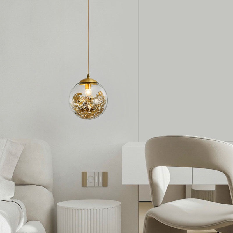 Modern Luxury Round Globe All Brass Glass 1-Light Pendant Light For Bedroom