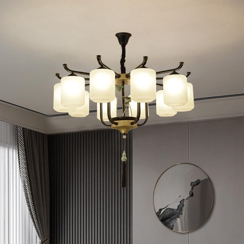 Traditional Chinese Iron Frame Cylinder Glass Shade 6/8/10/12-Light Chandelier For Living Room