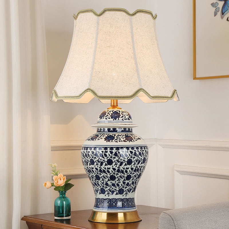 Traditional Chinese Vase Base Trapezoidal Ceramic Fabric 1-Light Table Lamp For Bedroom