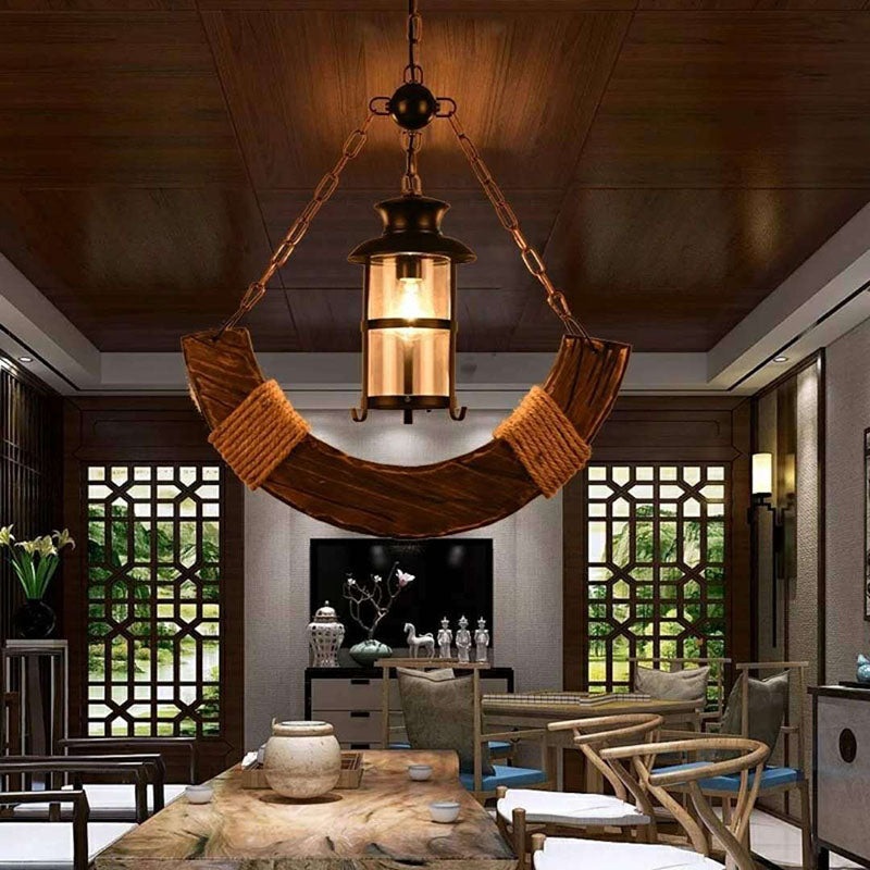 Traditional Farmhouse Arched Wooden Beam Iron Chain 1-Light Pendant Light For Entertainment Room