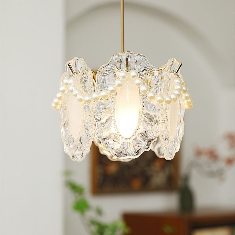 Traditional French Feather Pearl Petal Hardware Glass 1-Light Pendant Light For Bedroom