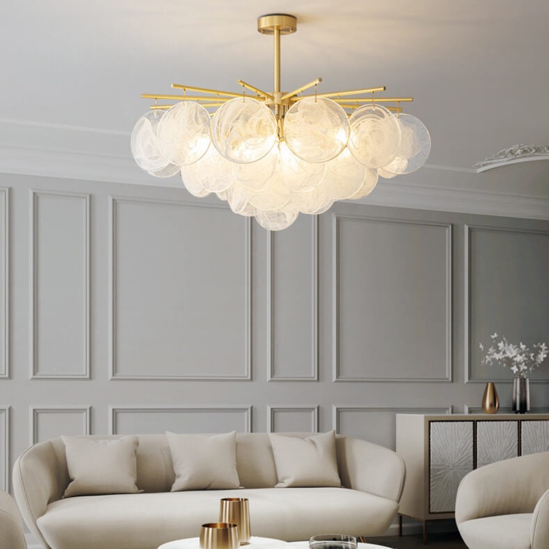 Traditional French Round Cloudy Full Copper Aluminum Lens 5/6 Light Chandelier For Living Room