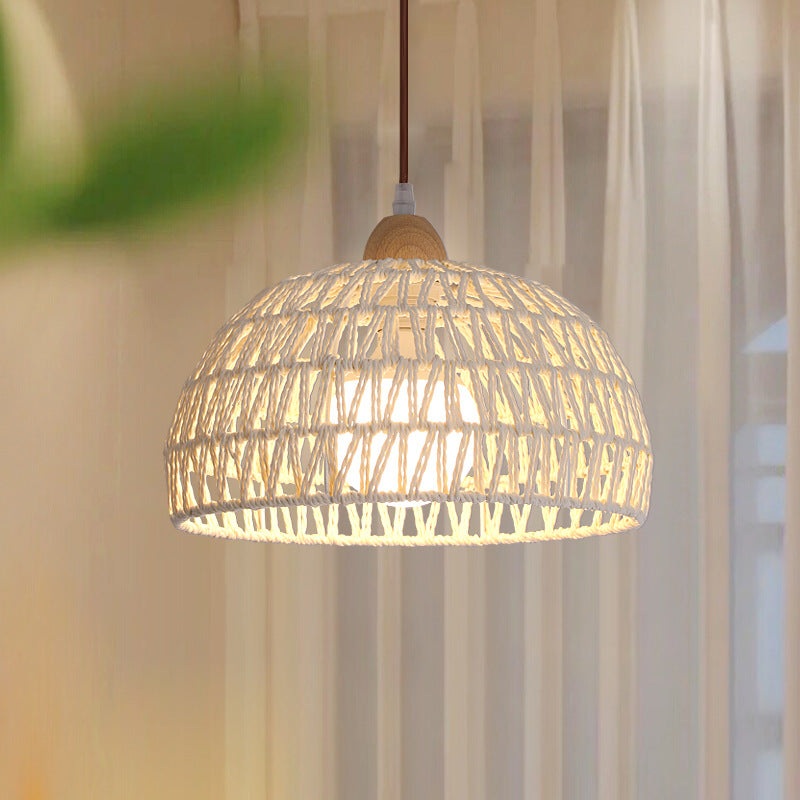 Traditional Japanese Half Round Solid Wood Rattan 1-Light Pendant Light For Living Room