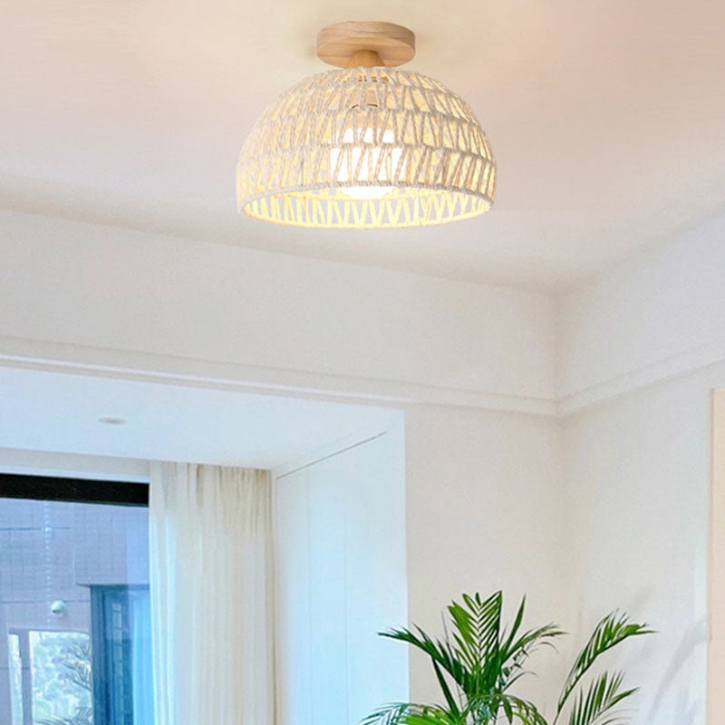 Traditional Japanese Half Round Solid Wood Rattan 1-Light Semi-Flush Mount Ceiling Light For Living Room