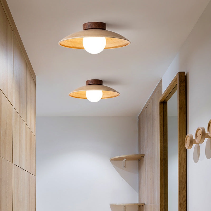 Traditional Japanese Woodgrain Disc Glass Shade 1-Light Semi-Flush Mount Ceiling Light For Hallway