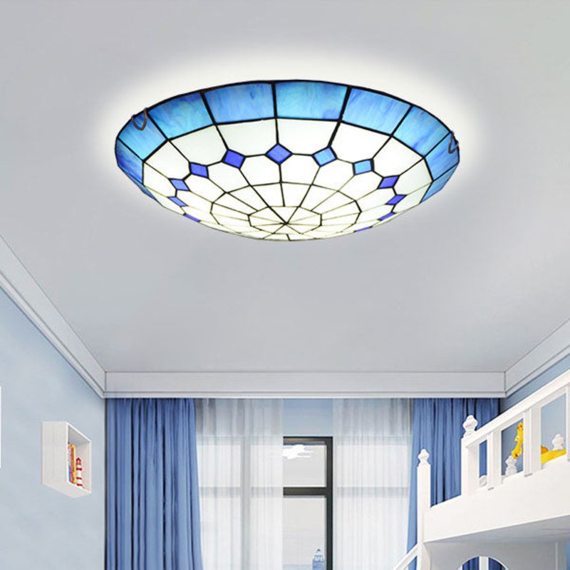 Traditional Tiffany Mediterranean Stained Glass Dome 2-Light Flush Mount Ceiling Light For Hallway