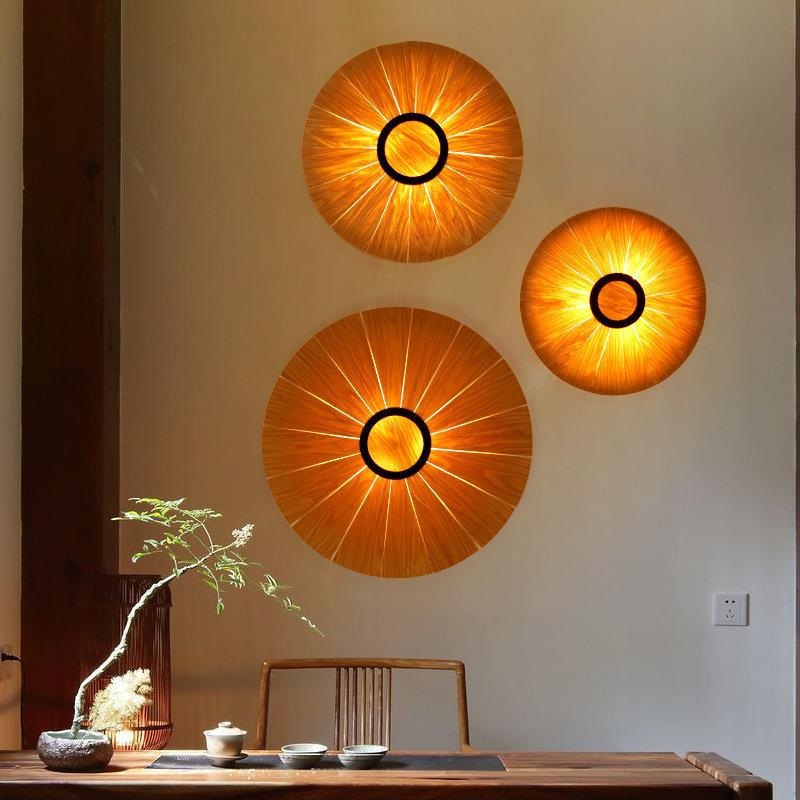 Traditional Vintage Round Disc Wood Veneer 1-Light Wall Sconce Lamp For Dining Room