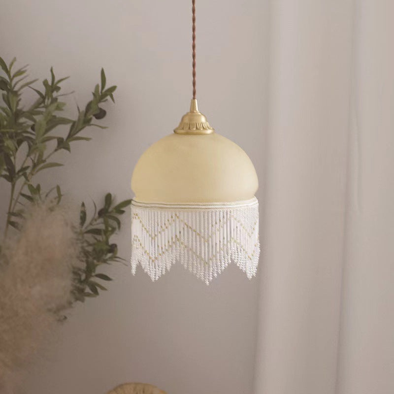 Traditional Vintage Round Tassel Brass Glass 1-Light Pendant Light For Living Room