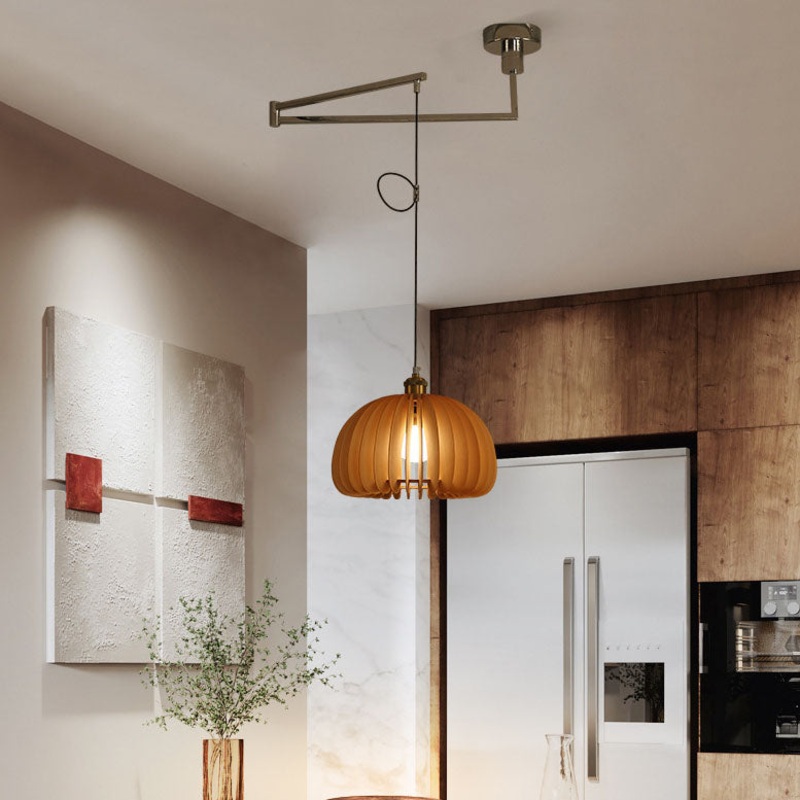 Traditional Vintage Wooden Pumpkin Shade Rocker Arm Telescopic 1-Light Pendant Light For Dining Room